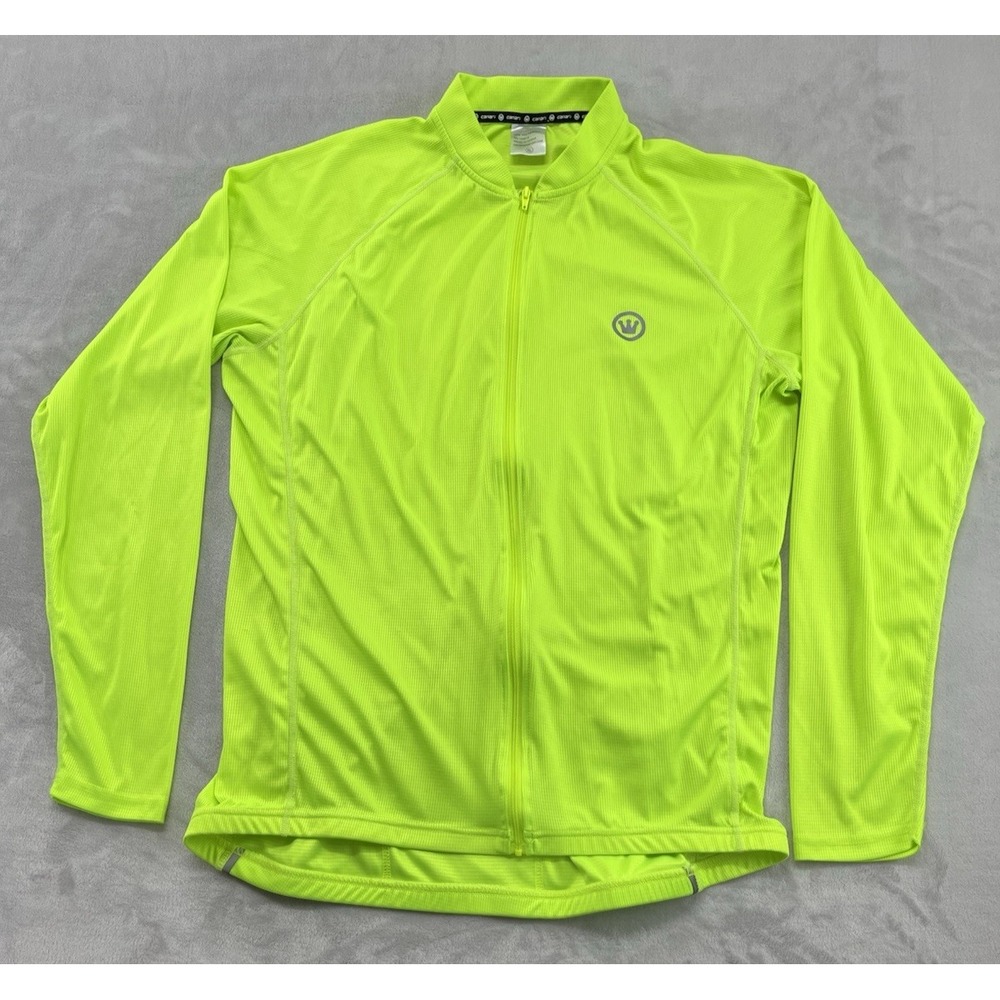 Canari Cycling Jersey Men XL Neon Yellow Full Zip 3 Back Pocket Mock Neck Casual